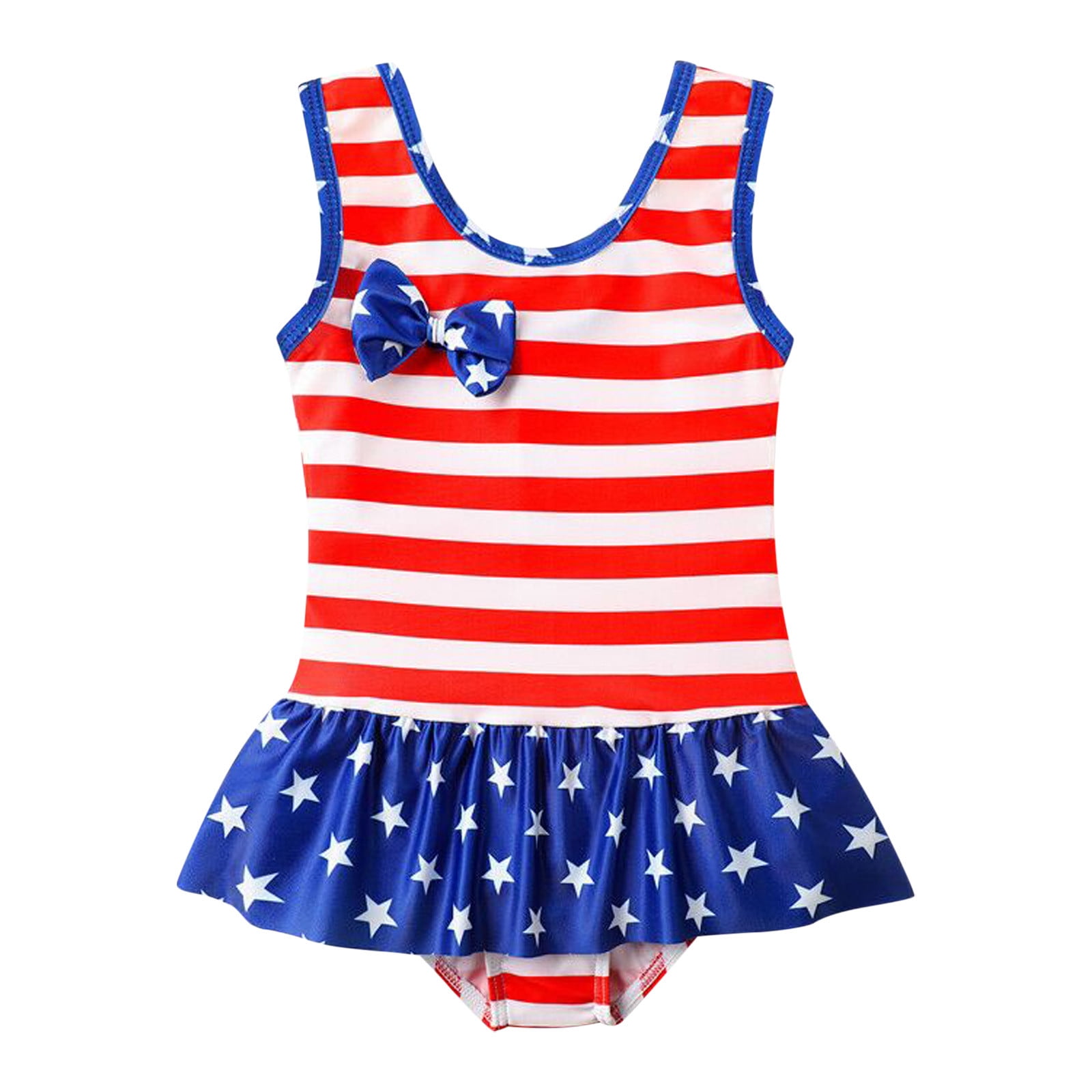 July 4th Baby Girl Swimsuit Ruffled One Piece Bathing Suit American Flag Printed Bow Swim Suit Rash Guard Beach Sport Girls' Swimwear Red 12-18 Months